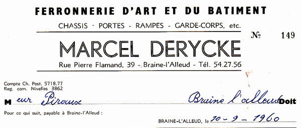 1960: en-tête de facture de Marcel Derycke. Collection: Jean-François Piraux.