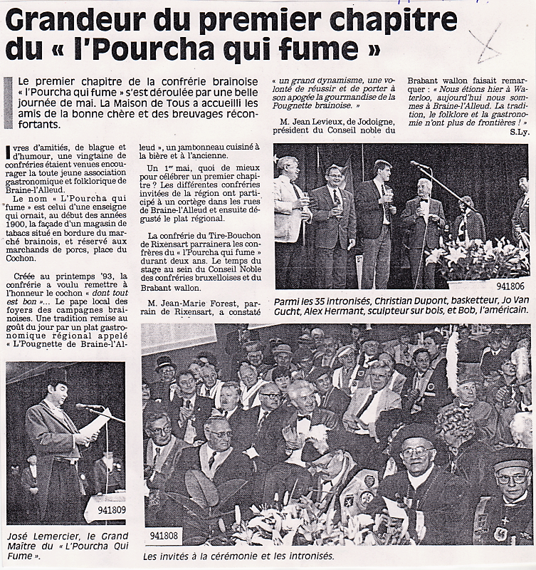 1er mai 1994 : premier chapitre de la confrérie "l'Pourcha qui fume". Article et photos parus dans le journal "Vers l'Avenir" du 4 mai 1994. Collection : Brania.