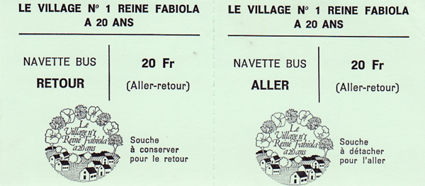 1983 : ticket "aller-retour" pour la navette bus du Village n°1 à l'occasion du 20ème anniversaire. Collection : Brania.